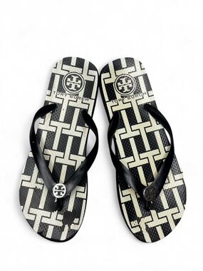 Tory Burch Women's Thin Flip Flop Sandals Black & White Geometric Patterned US 9